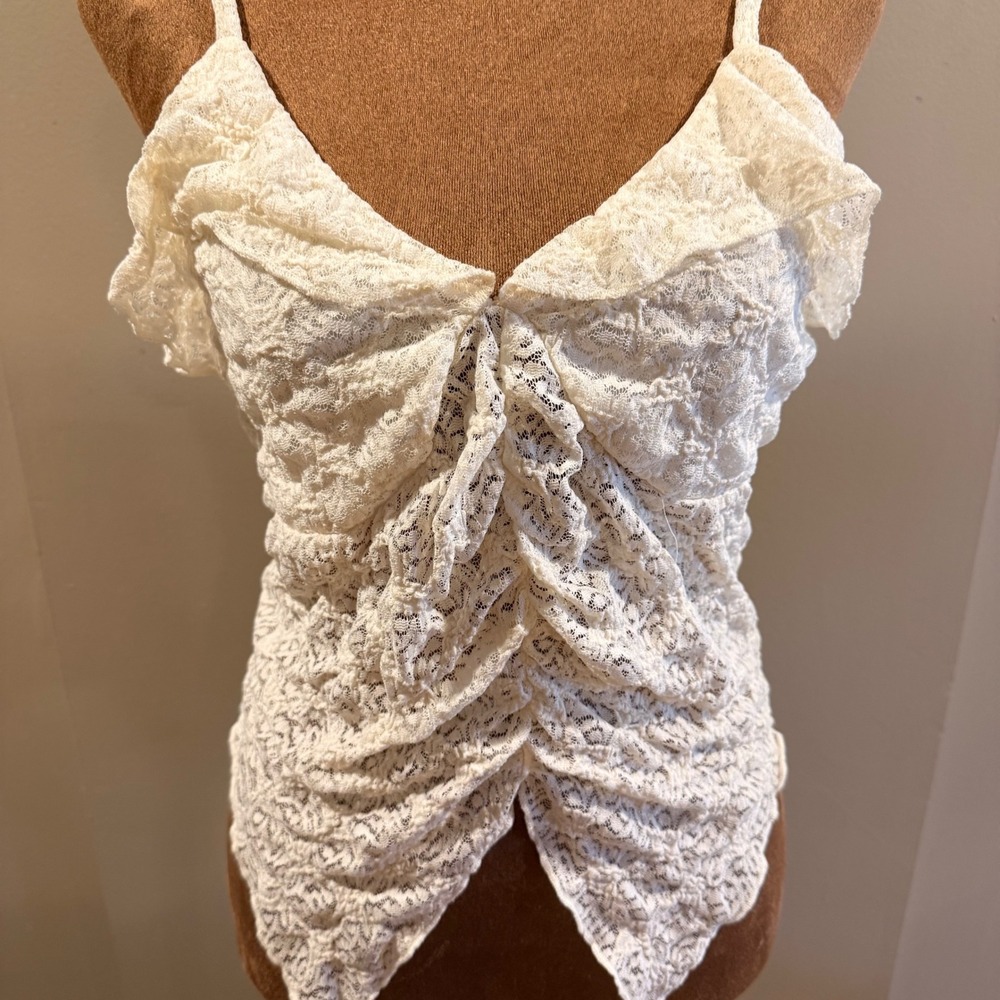 Just Polly Lace Sheer Cami Top Women L Cream Ruffle V-Neck Ruched Y2K Coquette